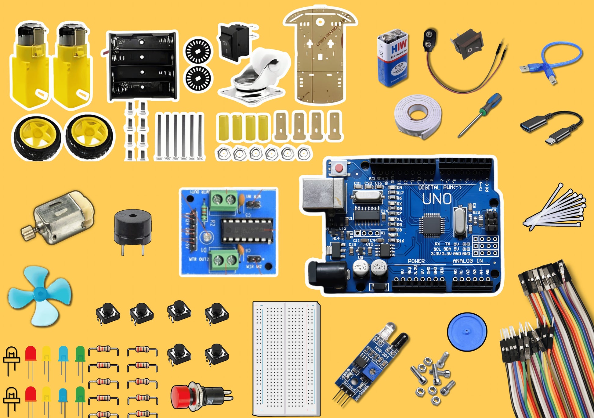 Top view of Robotics Junior beginner kit components including Arduino UNO board, motors, wheels, sensors, wires, breadboard, LEDs, resistors, and hardware essentials arranged on a yellow background.