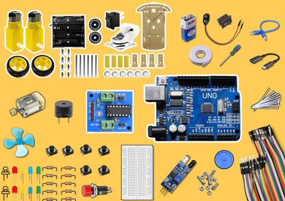 Top view of Robotics Junior beginner kit components including Arduino UNO board, motors, wheels, sensors, wires, breadboard, LEDs, resistors, and hardware essentials arranged on a yellow background.