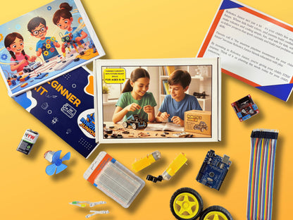 Robotics Junior kit packaging with illustrated box, real product box, Arduino components, breadboard, motors, wheels, and a photo of two kids assembling a robot project.